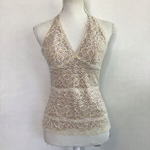 Cache Women Elegant Vintage Beige White Lace Halter Tank Top S